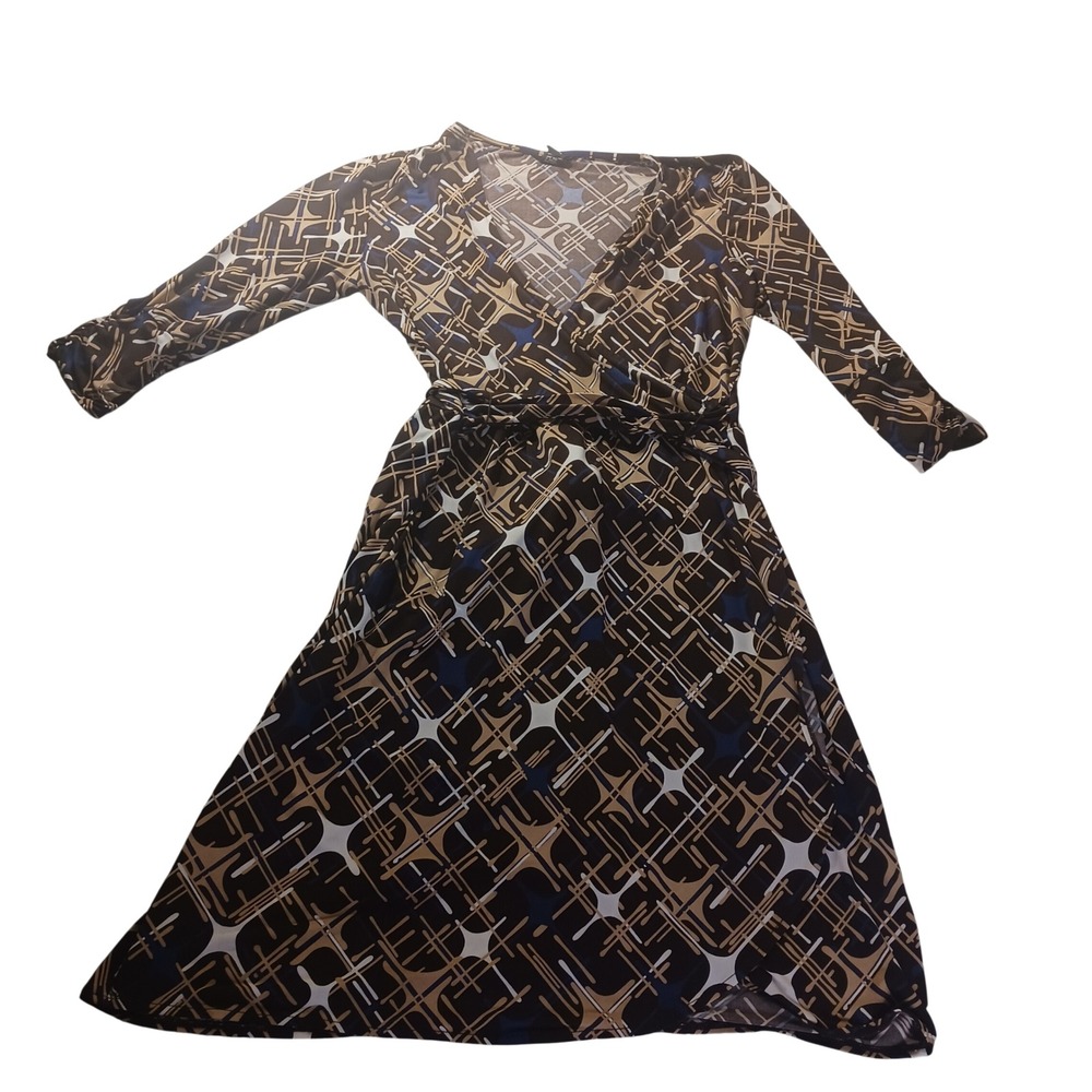 New York & Company Faux‎ Wrap Dress Womens Large Brown Blue Geometric 3/4 Sleeve